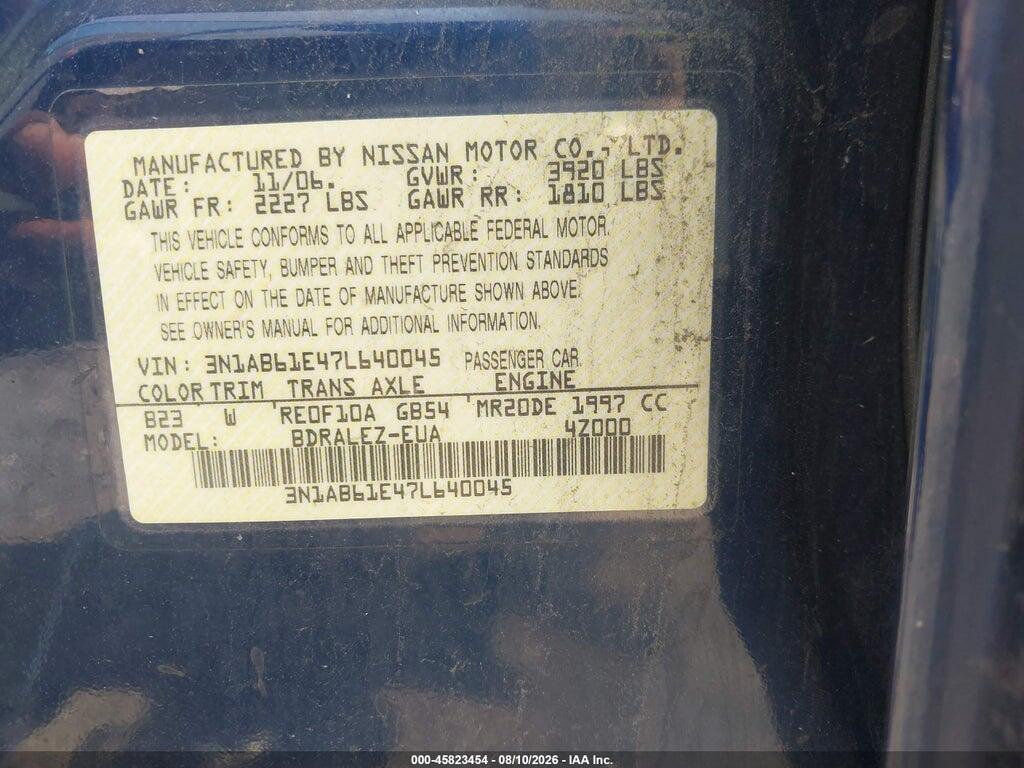 3N1AB61E47L640045 2007 NISSAN SENTRA photo no. 9