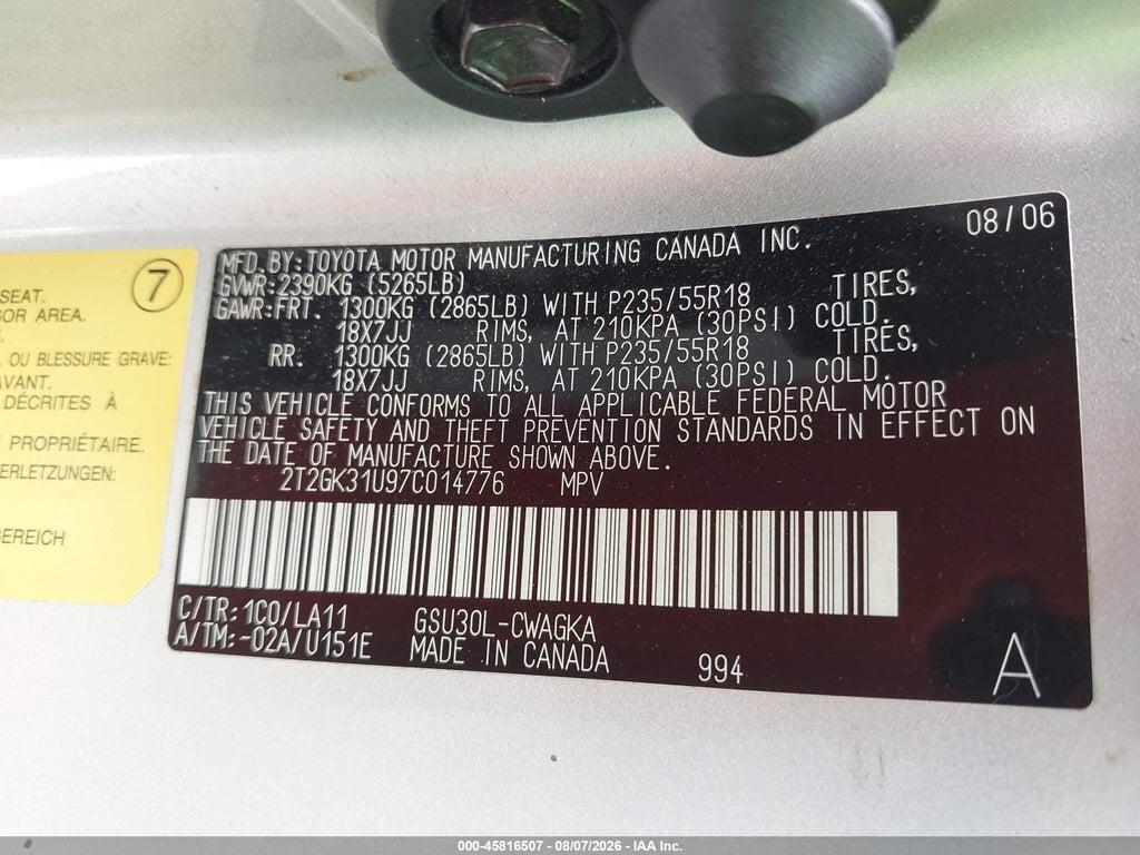 2T2GK31U97C014776 2007 LEXUS RX 350 photo no. 9