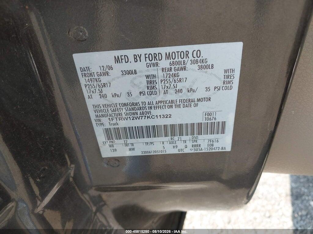 1FTRW12W77KC11322 2007 FORD F-150 photo no. 9