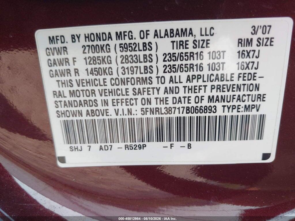 5FNRL38717B066893 2007 HONDA ODYSSEY photo no. 9