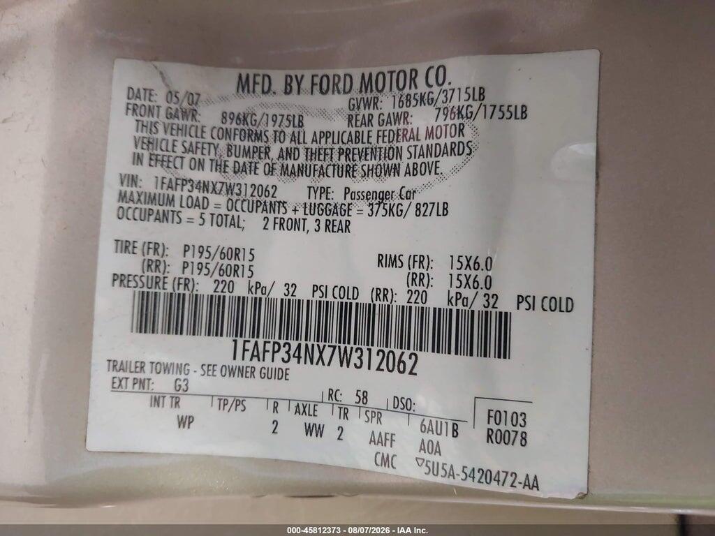 1FAFP34NX7W312062 2007 FORD FOCUS photo no. 9