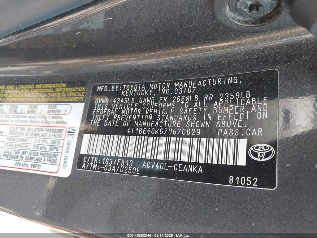 4T1BE46K67U670029 2007 TOYOTA CAMRY photo no. 9
