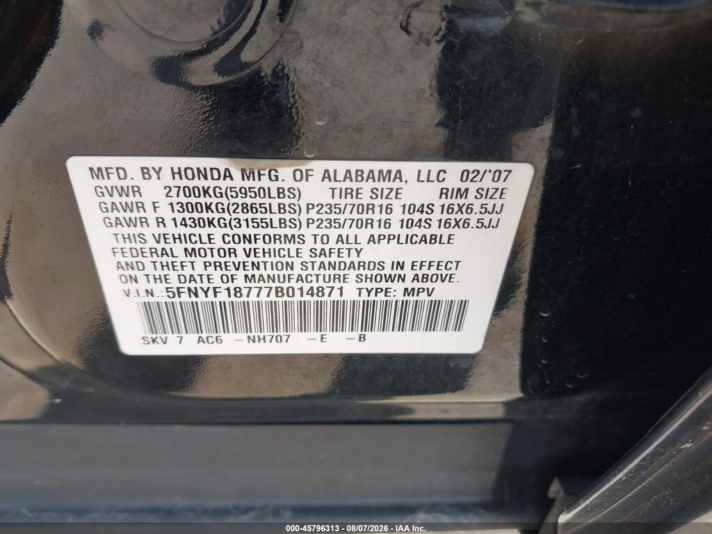 5FNYF18777B014871 2007 HONDA PILOT photo no. 9
