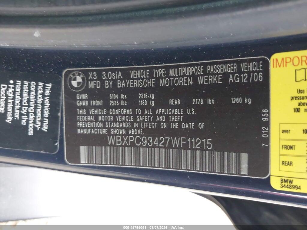 WBXPC93427WF11215 2007 BMW X3 photo no. 9