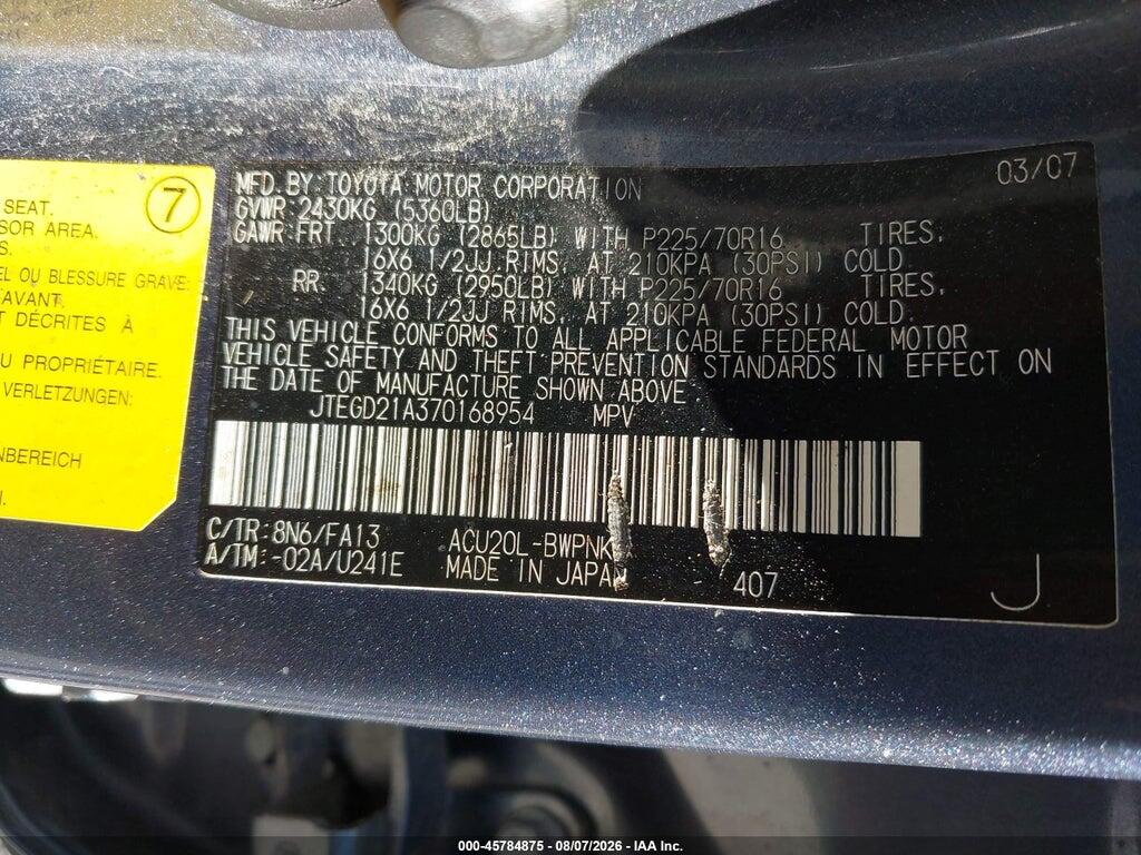 JTEGD21A370168954 2007 TOYOTA HIGHLANDER photo no. 9
