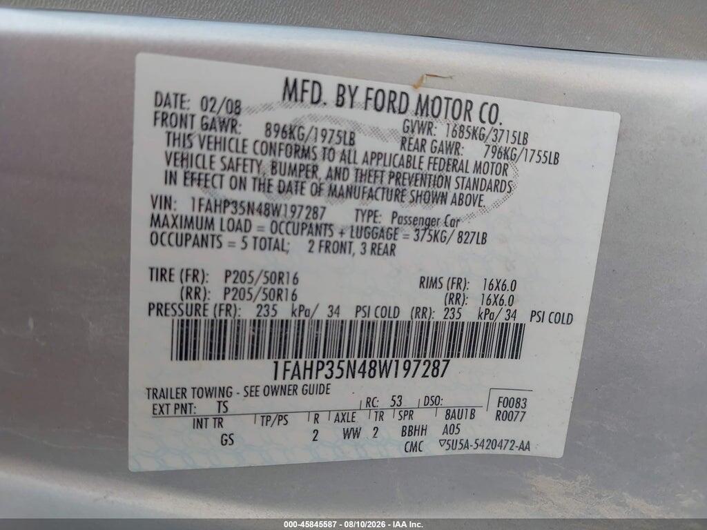 1FAHP35N48W197287 2008 FORD FOCUS photo no. 9