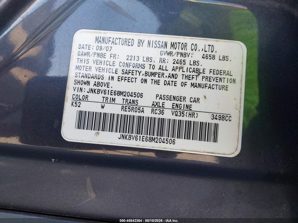 JNKBV61E68M204506 2008 INFINITI G35 photo no. 9