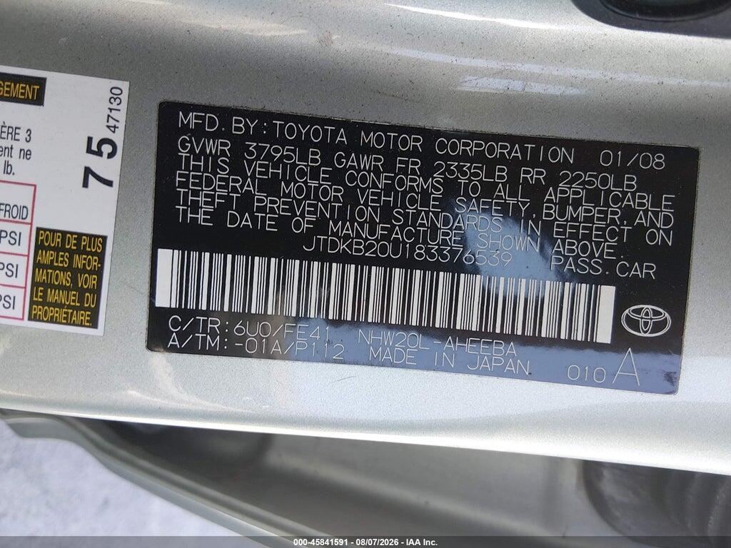 JTDKB20U183376539 2008 TOYOTA PRIUS photo no. 9