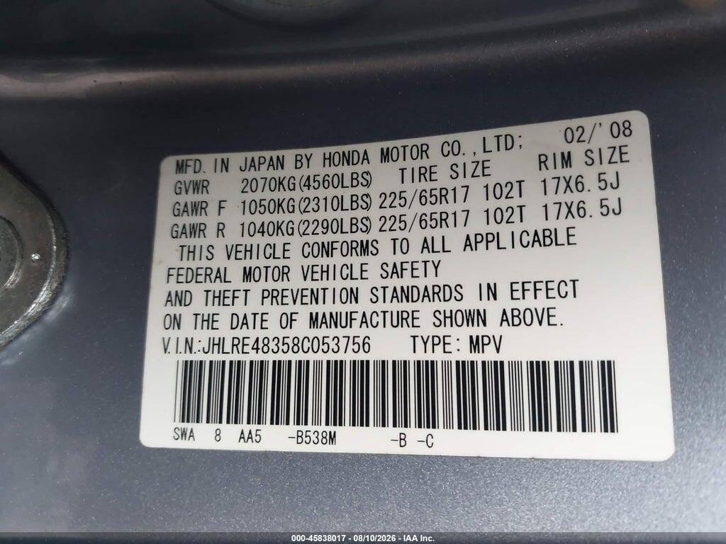 JHLRE48358C053756 2008 HONDA CR-V photo no. 9
