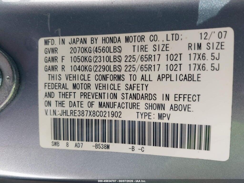 JHLRE387X8C021902 2008 HONDA CR-V photo no. 9