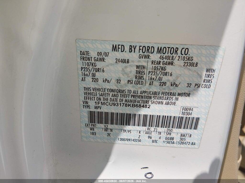 1FMCU93178KB68482 2008 FORD ESCAPE photo no. 9