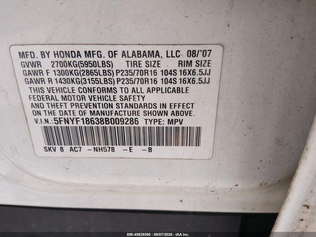 5FNYF18638B009286 2008 HONDA PILOT photo no. 9