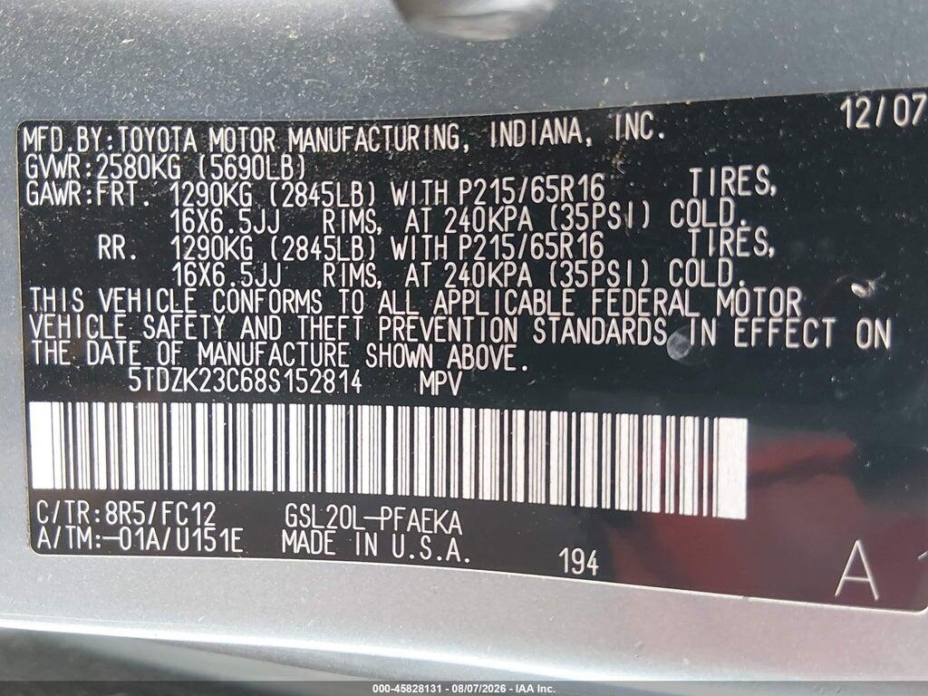 5TDZK23C68S152814 2008 TOYOTA SIENNA photo no. 9