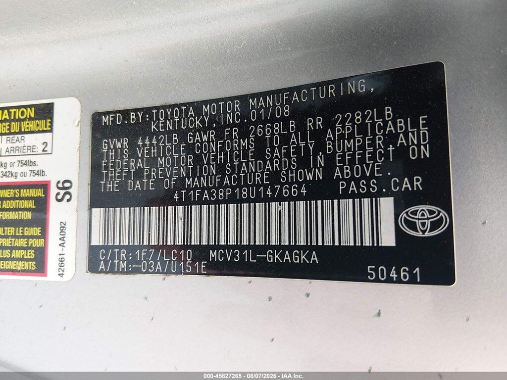 4T1FA38P18U147664 2008 TOYOTA CAMRY SOLARA photo no. 9