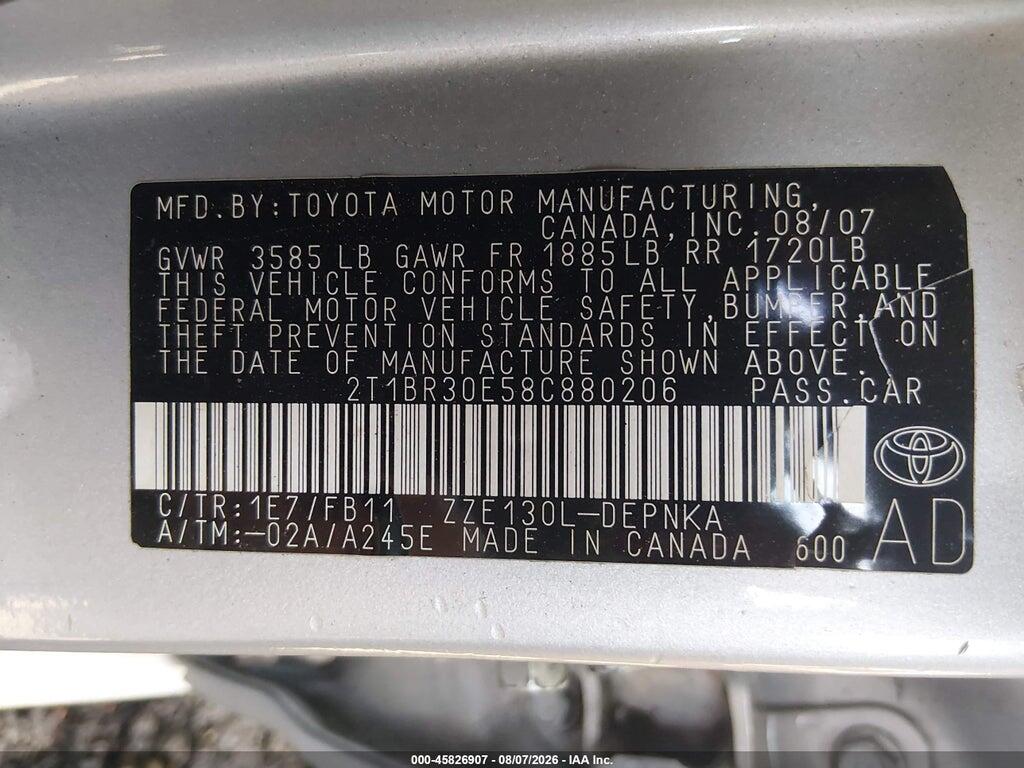 2T1BR30E58C880206 2008 TOYOTA COROLLA photo no. 9