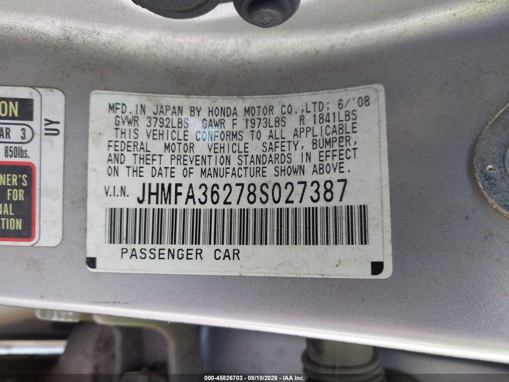 JHMFA36278S027387 2008 HONDA CIVIC HYBRID photo no. 9