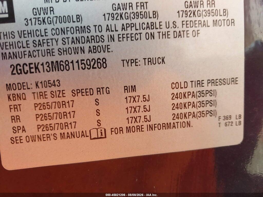 2GCEK13M681159268 2008 CHEVROLET SILVERADO 1500 photo no. 9