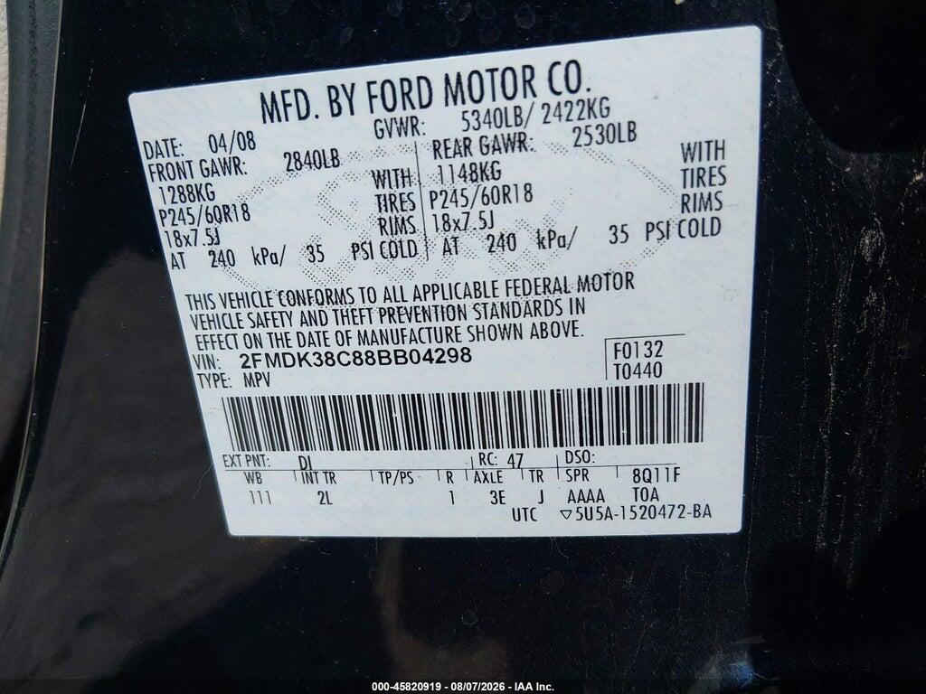 2FMDK38C88BB04298 2008 FORD EDGE photo no. 9