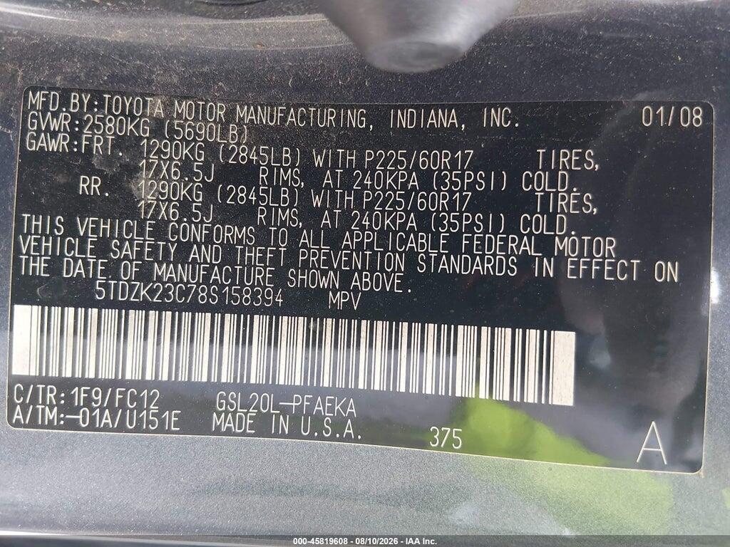 5TDZK23C78S158394 2008 TOYOTA SIENNA photo no. 9