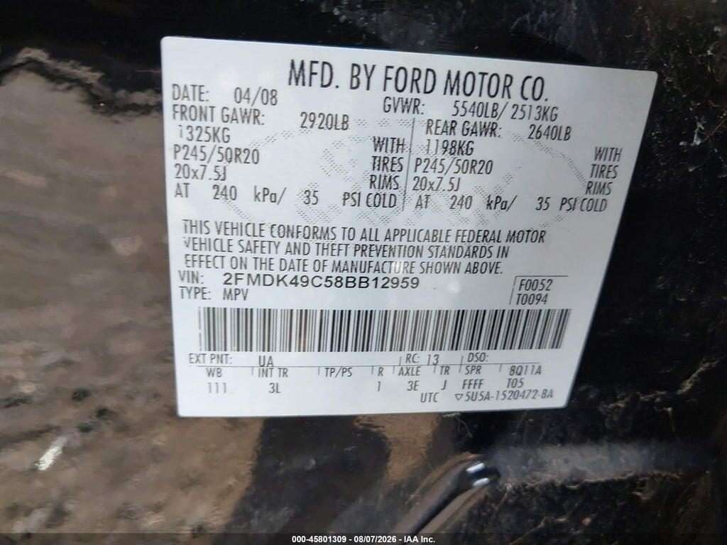 2FMDK49C58BB12959 2008 FORD EDGE photo no. 9