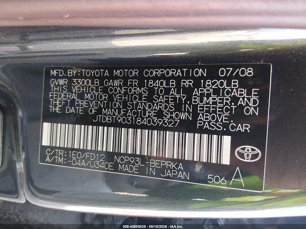 JTDBT903184039327 2008 TOYOTA YARIS photo no. 9