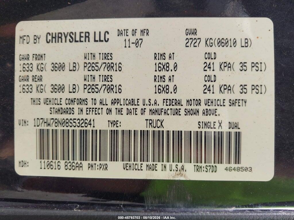 1D7HW78N08S532641 2008 DODGE DAKOTA photo no. 9