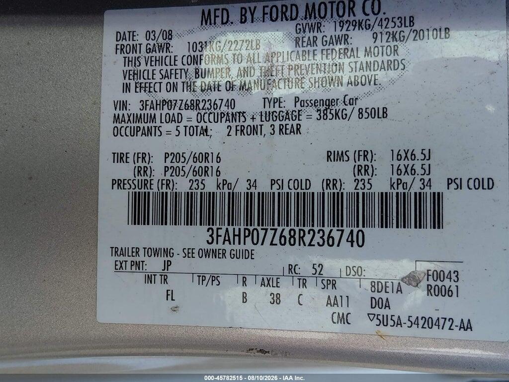 3FAHP07Z68R236740 2008 FORD FUSION photo no. 9