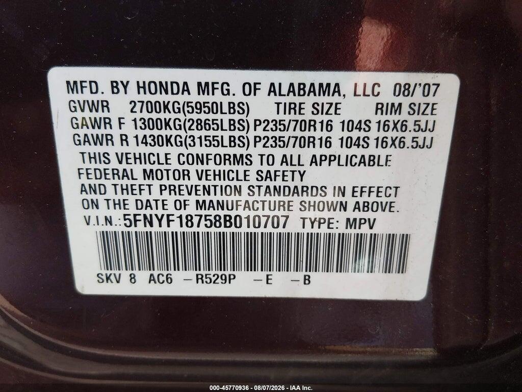 5FNYF18758B010707 2008 HONDA PILOT photo no. 9