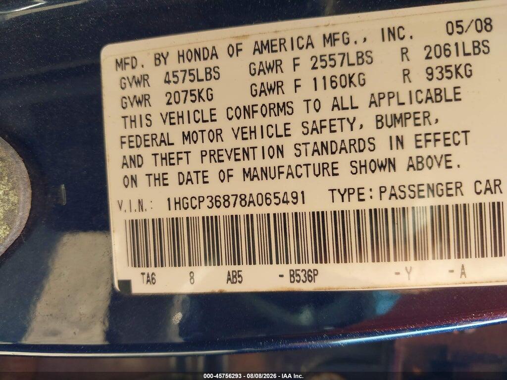 1HGCP36878A065491 2008 HONDA ACCORD photo no. 9