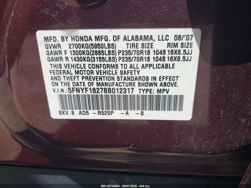5FNYF18278B012317 2008 HONDA PILOT photo no. 9