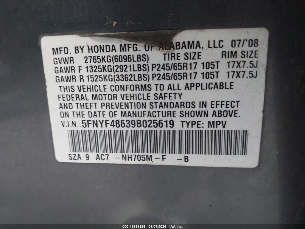 5FNYF48639B025619 2009 HONDA PILOT photo no. 9
