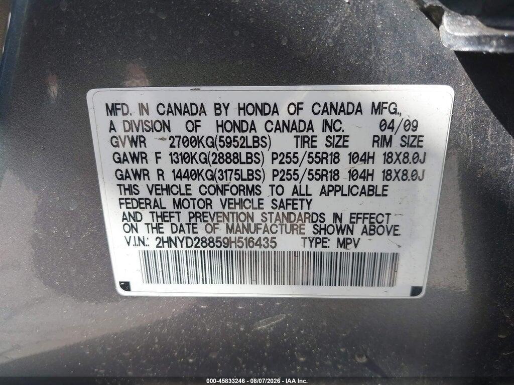 2HNYD28859H516435 2009 ACURA MDX photo no. 9