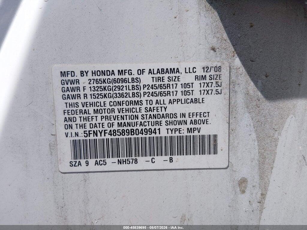 5FNYF48589B049941 2009 HONDA PILOT photo no. 9
