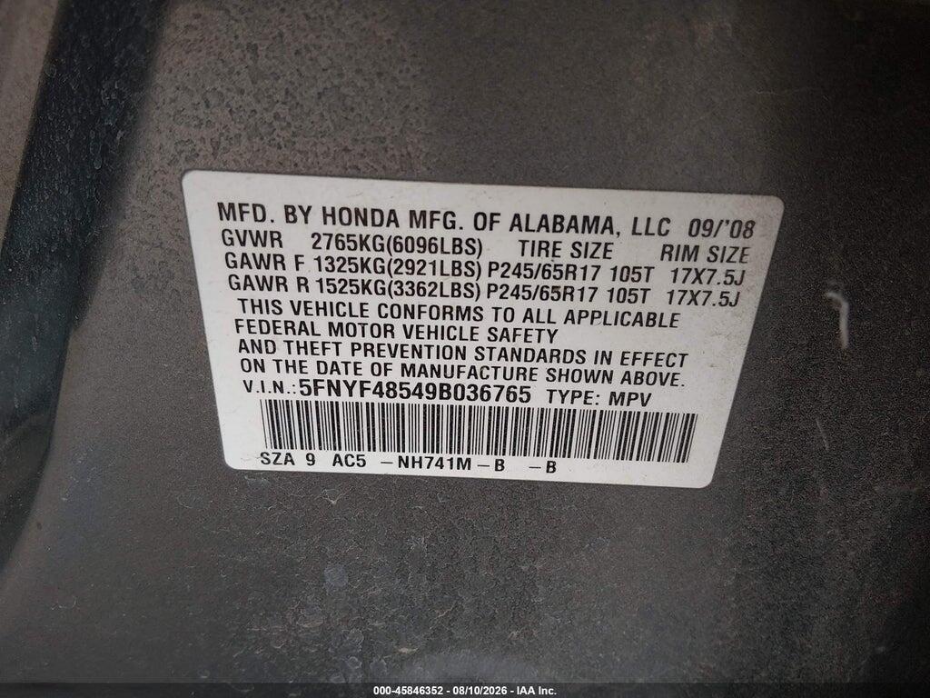 5FNYF48549B036765 2009 HONDA PILOT photo no. 9