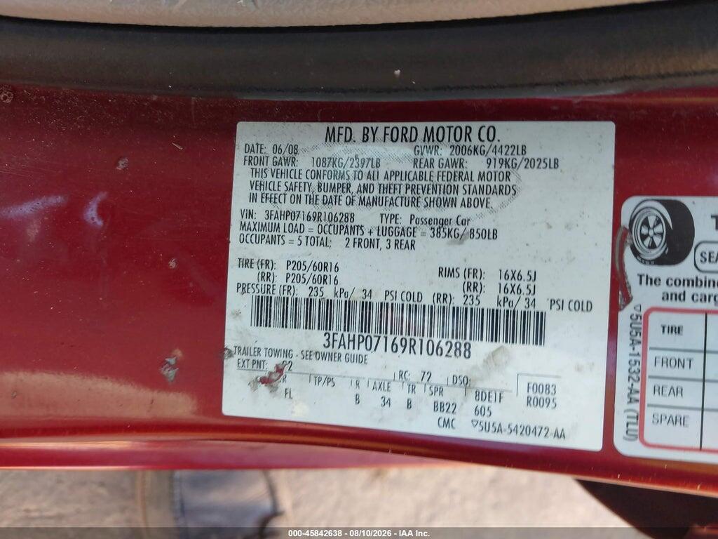 3FAHP07169R106288 2009 FORD FUSION photo no. 9