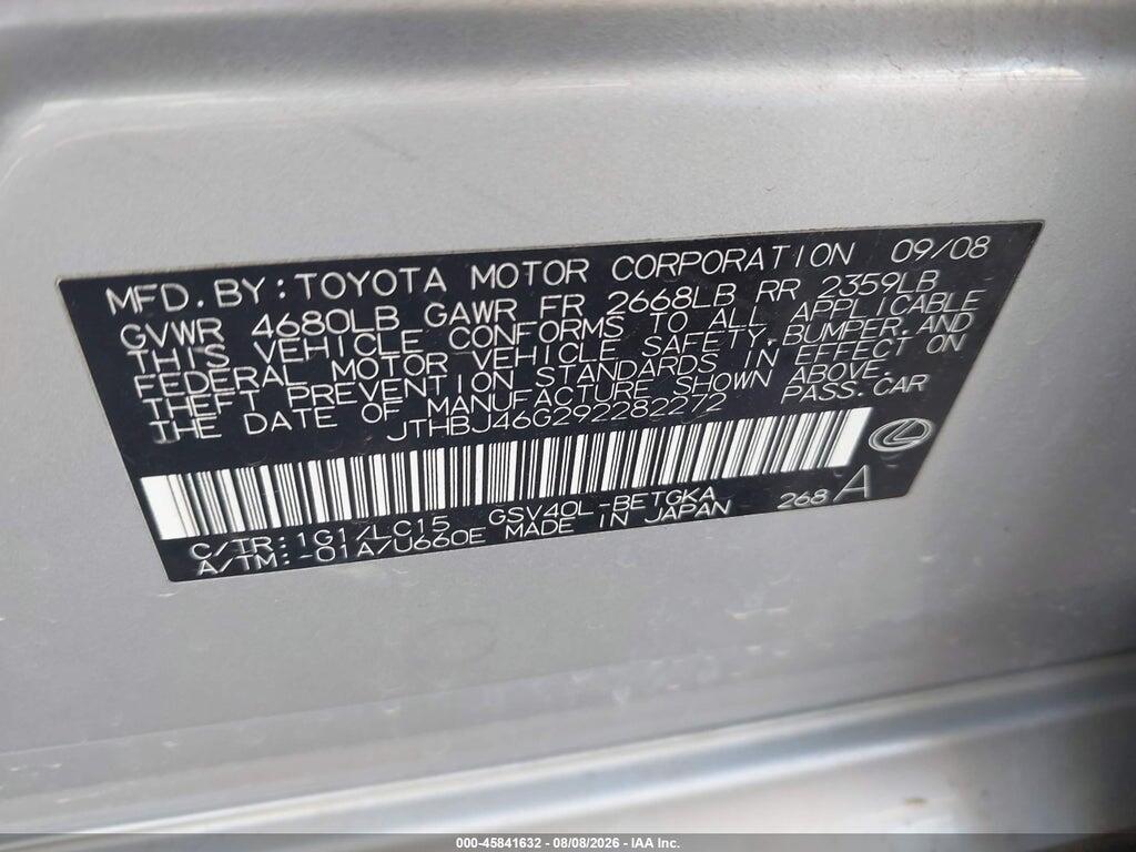 JTHBJ46G292282272 2009 LEXUS ES 350 photo no. 9