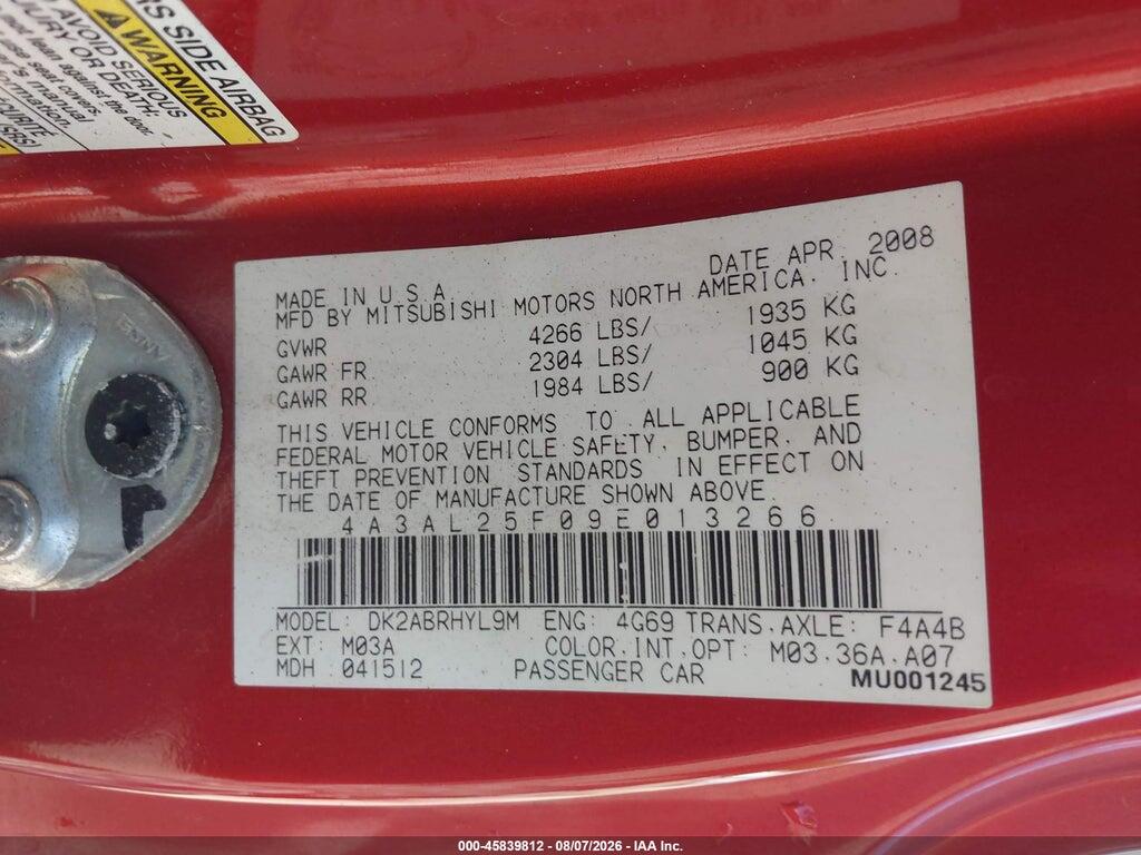 4A3AL25F09E013266 2009 MITSUBISHI ECLIPSE SPYDER photo no. 9