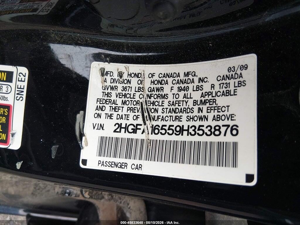 2HGFA16559H353876 2009 HONDA CIVIC photo no. 9