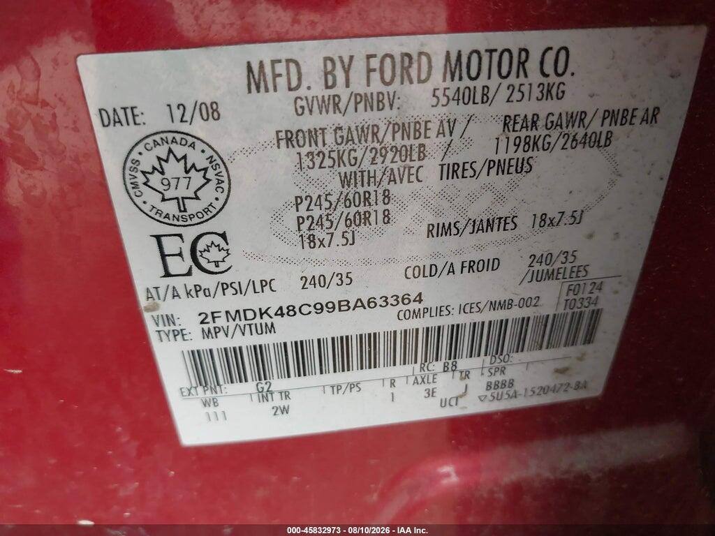 2FMDK48C99BA63364 2009 FORD EDGE photo no. 9