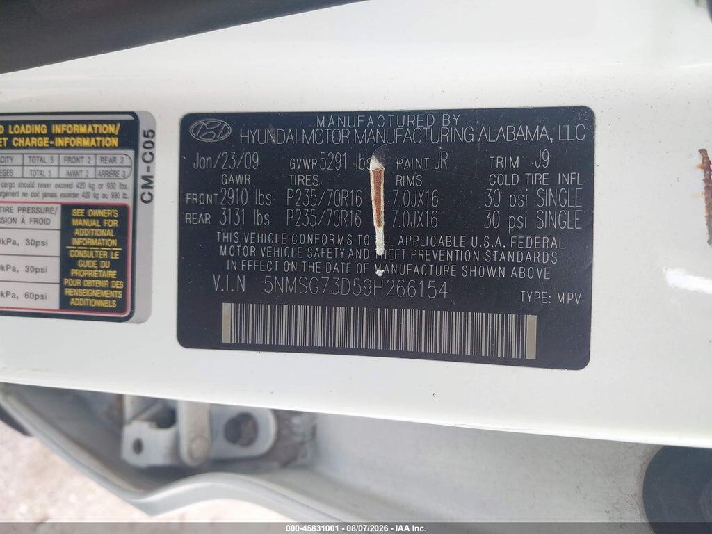5NMSG73D59H266154 2009 HYUNDAI SANTA FE photo no. 9