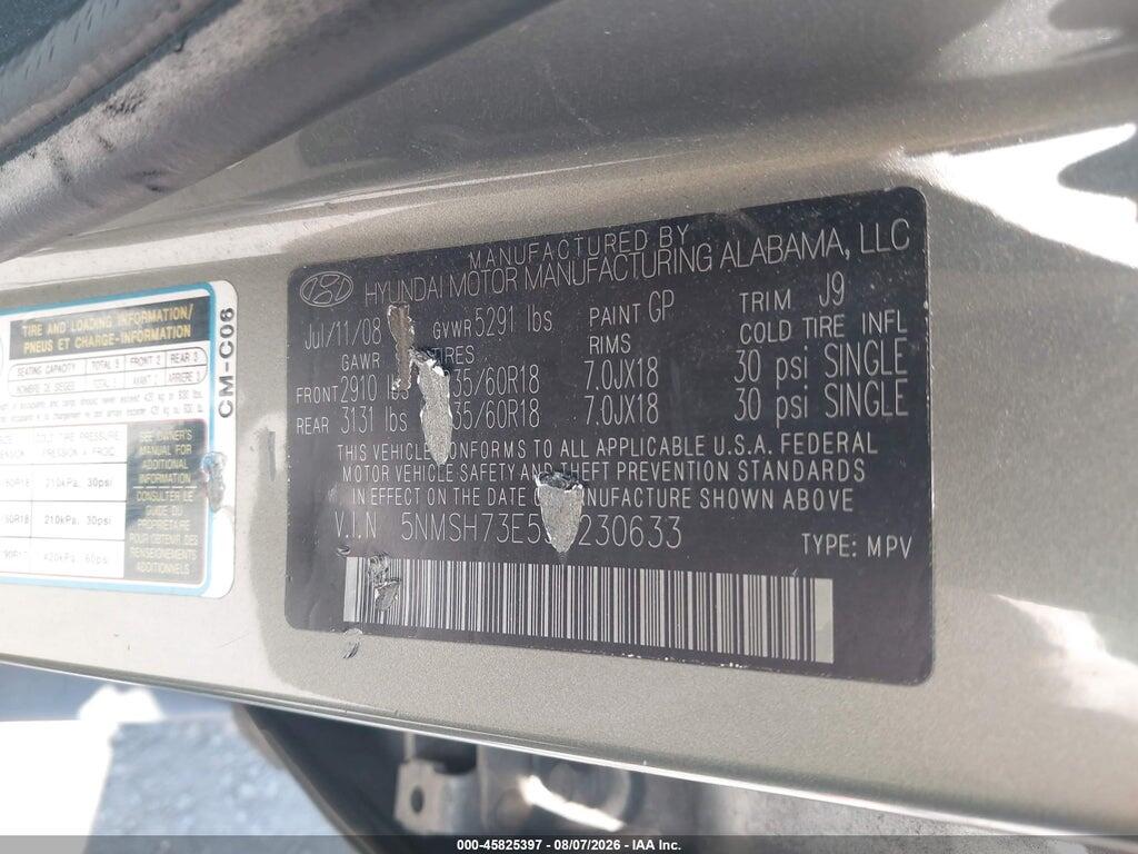 5NMSH73E59H230633 2009 HYUNDAI SANTA FE photo no. 9
