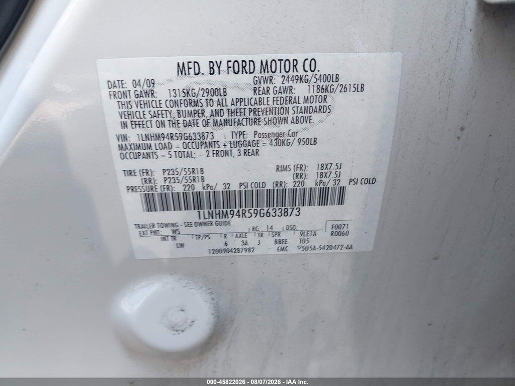 1LNHM94R59G633873 2009 LINCOLN MKS photo no. 9