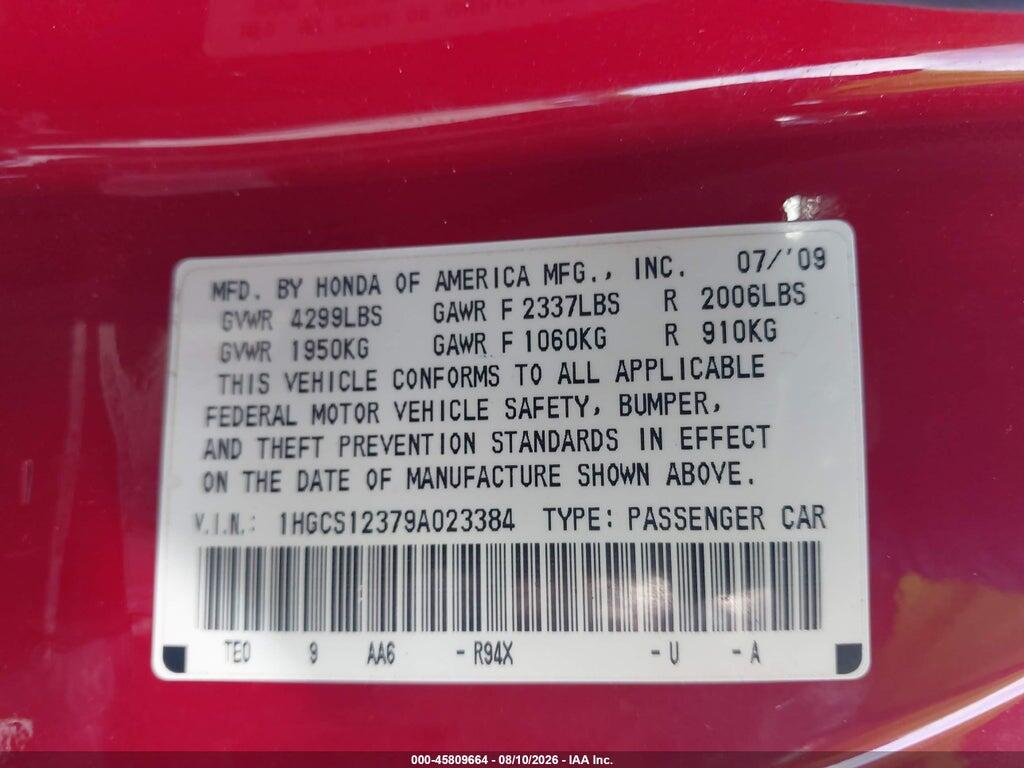 1HGCS12379A023384 2009 HONDA ACCORD photo no. 9