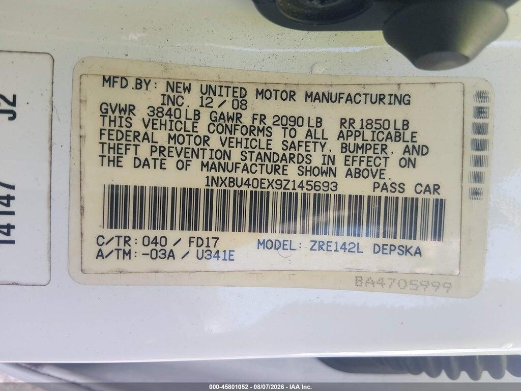 1NXBU40EX9Z145693 2009 TOYOTA COROLLA photo no. 9