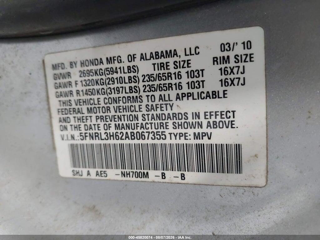 5FNRL3H62AB067355 2010 HONDA ODYSSEY photo no. 9