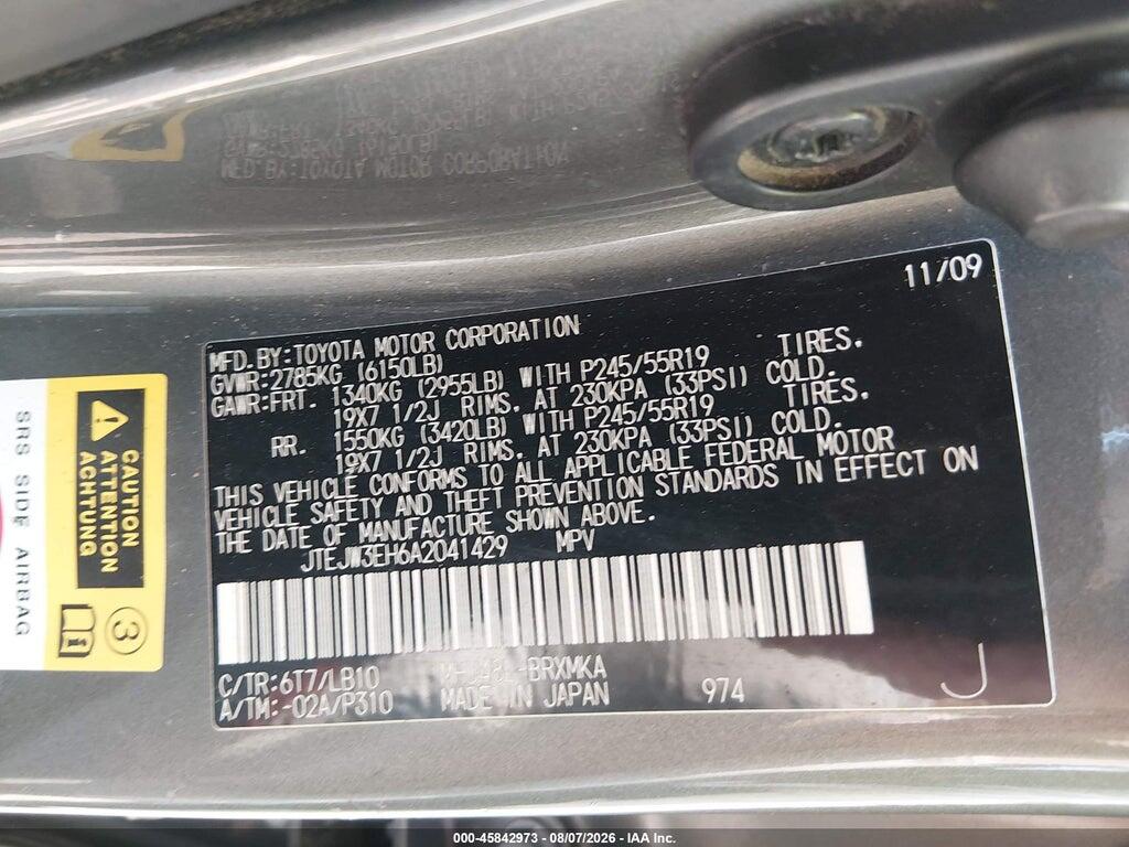 JTEJW3EH6A2041429 2010 TOYOTA HIGHLANDER HYBRID photo no. 9