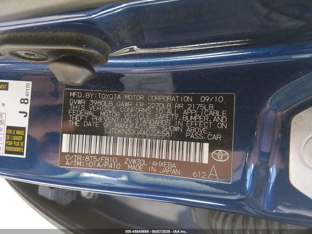 JTDKN3DU4A0225581 2010 TOYOTA PRIUS photo no. 9