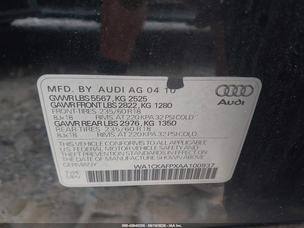 WA1CKAFPXAA100937 2010 AUDI Q5 photo no. 9