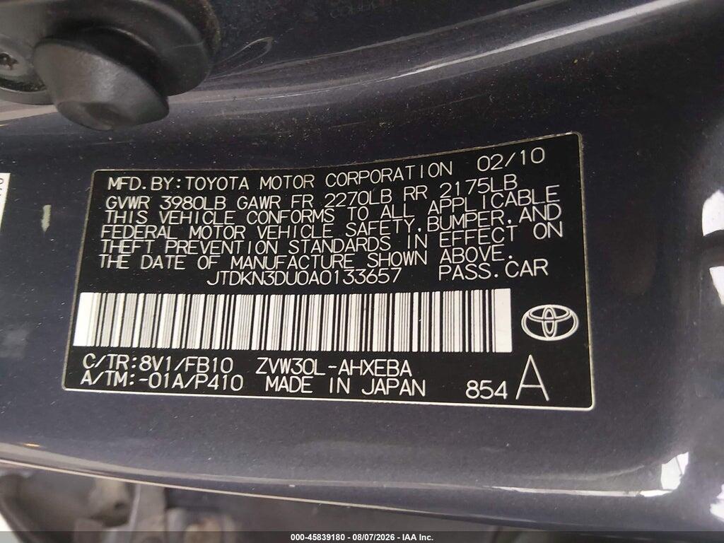 JTDKN3DU0A0133657 2010 TOYOTA PRIUS photo no. 9