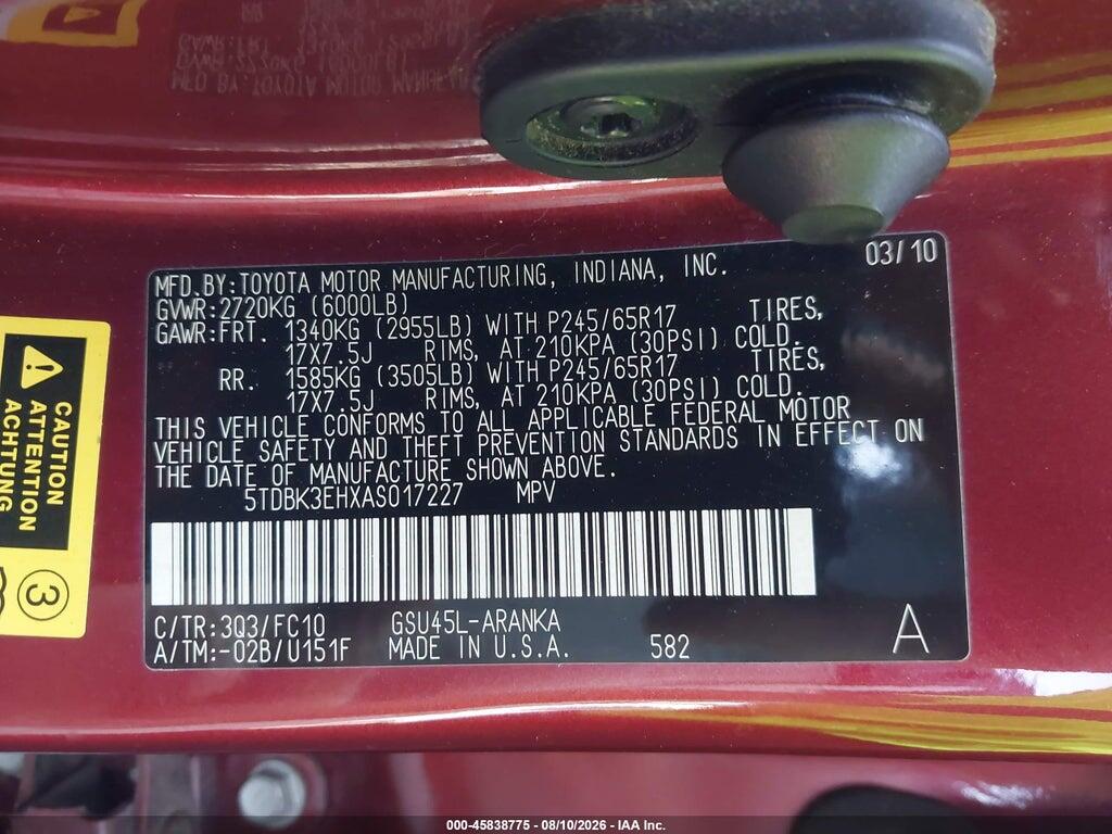 5TDBK3EHXAS017227 2010 TOYOTA HIGHLANDER photo no. 9